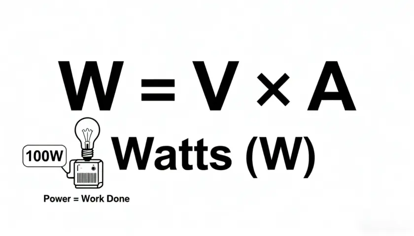 Wzór W=V×A wyjaśnia, jak obliczyć ampery z watów. Obok żarówki 100W i symbolu mocy.