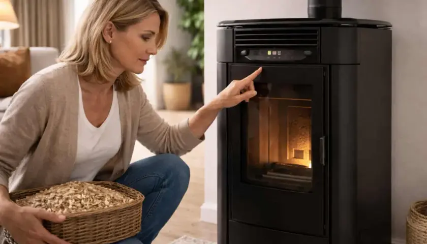Femme vérifiant l'alarme température fumée sur son poêle à granulés. Elle tient un panier de pellets.