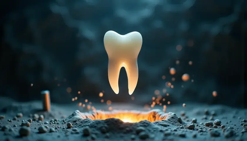 Jasny ząb unosi się nad rozżarzonym kraterem, symbolizując nadzieję na nowe rozwiązanie co zamiast implantu.