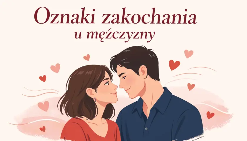 Uśmiechnięty mężczyzna patrzy na kobietę, która mu się podoba. Wokół unoszą się serduszka, symbolizując uczucia.