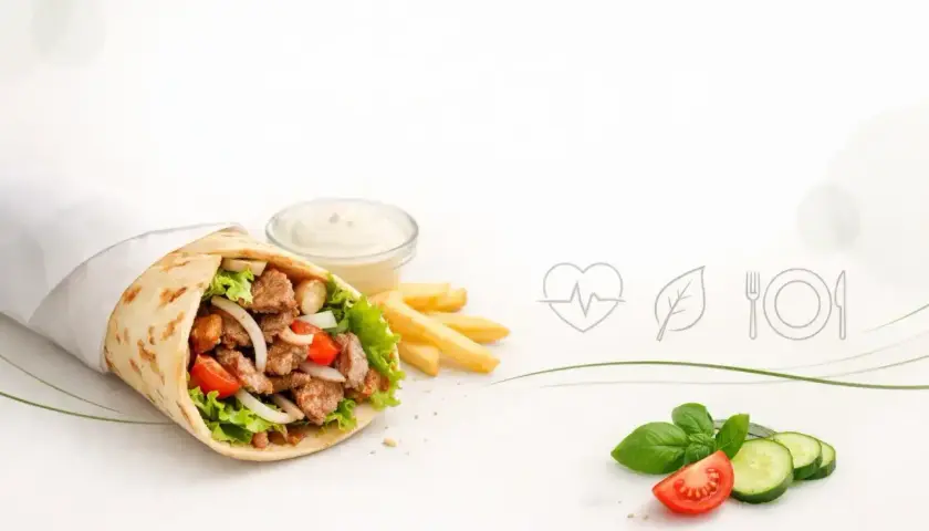Czy kebab jest zdrowy? Na zdjęciu soczysty kebab z warzywami, frytki i sos. Obok symbole zdrowia i świeżych składników.
