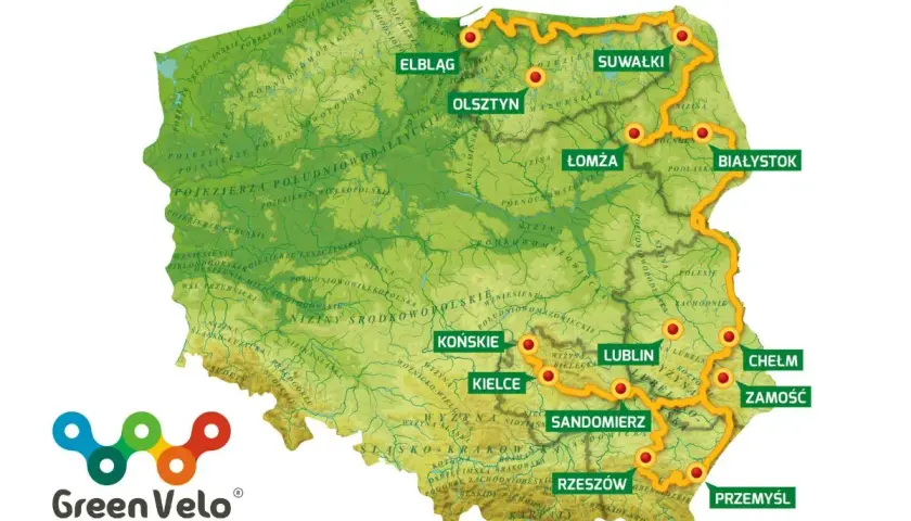 Mapa Polski z zaznaczonymi najpiękniejszymi odcinkami szlaku rowerowego Green Velo.