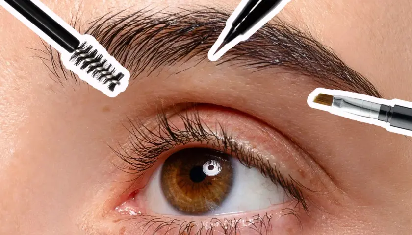 Occhio con ciglia lunghe e sopracciglia truccate, con pennelli per il make-up che definiscono lo sguardo.