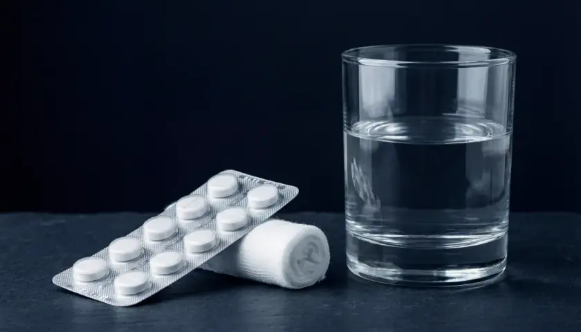 Confezione di farmaci per mal di denti, rotolo di garza e bicchiere d'acqua su sfondo scuro.