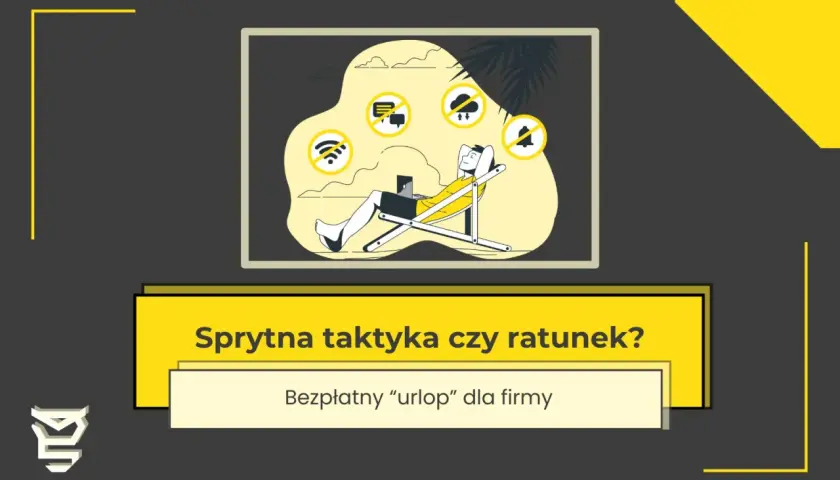 Człowiek na leżaku z laptopem, otoczony ikonami symbolizującymi zawieszenie działalności: brak Wi-Fi, wiadomości, deszczu i dzwonka.