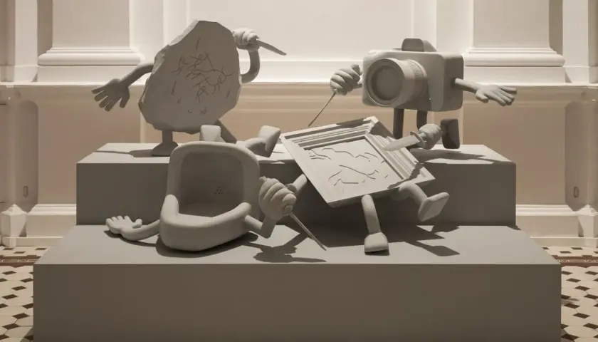 Kamienna tablica, aparat i pisuar w surrealistycznej scenie. Dzieło współcześni artyści polscy.