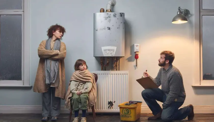 Un technicien évalue une vieille chaudière. Une mère et son enfant emmitouflés attendent, car le propriétaire ne veut pas changer la chaudière.