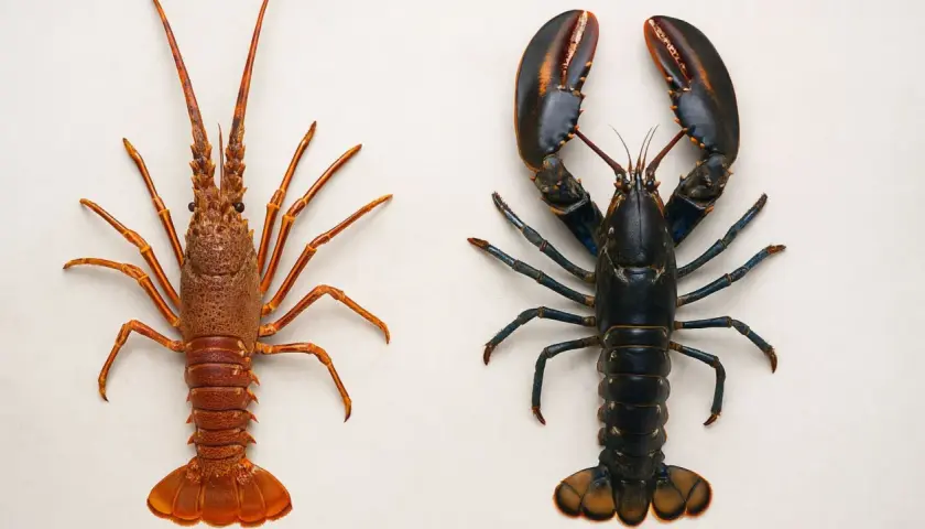 Dos crustáceos marinos, uno rojizo y largo, y otro oscuro con grandes pinzas. Así es un bogavante.