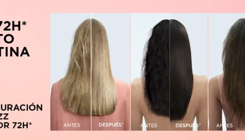 Tres mujeres muestran su cabello antes y después de un tratamiento de keratina, logrando un liso perfecto y duradero.