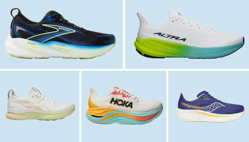 Fünf Laufschuhe in verschiedenen Farben und Marken. Ideal für Läufer mit Achillodynie, die Komfort und Dämpfung suchen.