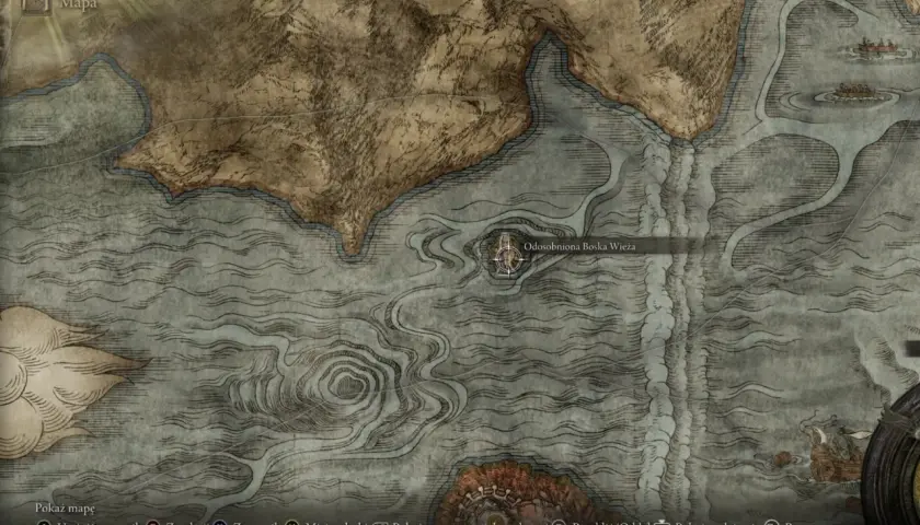 Mapa ukazuje przebudowana wieża na pograniczu, tajemnicza lokacja Odosobniona Boska Wieża, otoczona wodami i górami.