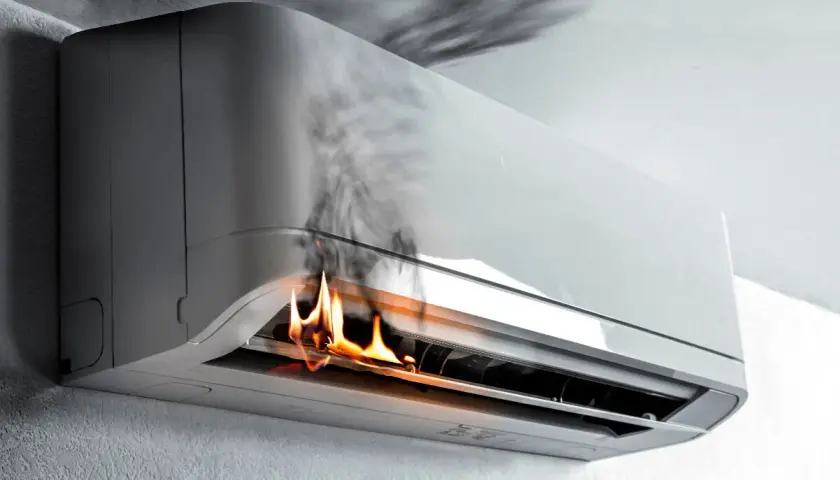 Climatiseur en feu, illustrant les effets néfastes de la climatisation. Fumée et flammes s'échappent de l'appareil.