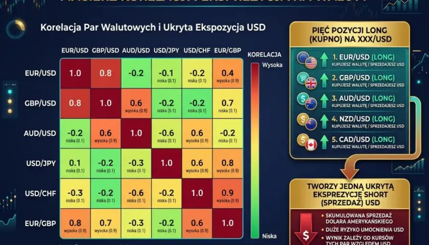 Macierz korelacji par walutowych, w tym EUR/USD, pokazuje relacje między walutami. Pięć pozycji long (kupno) na XXX/USD, np. EUR/USD, sugeruje strategię handlową.