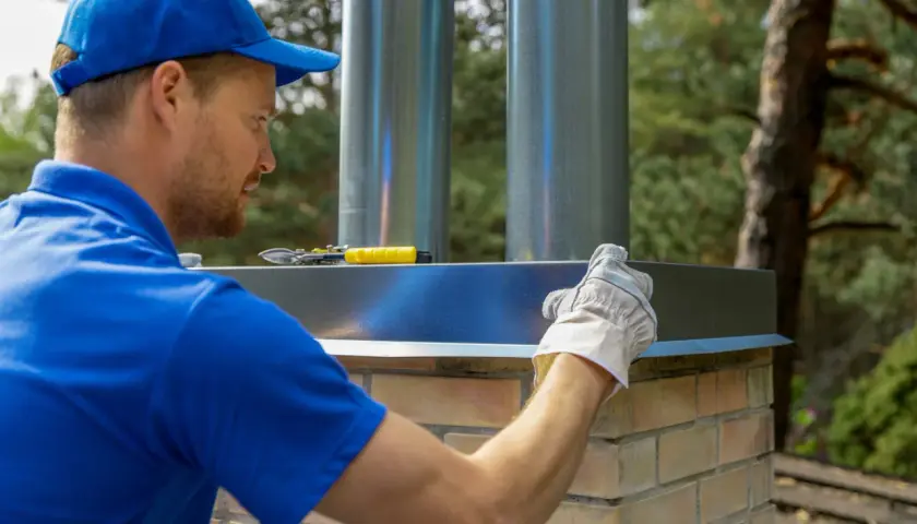 Fachowiec montuje metalowe elementy na ceglanym kominie. Dowiedz się, ile kosztuje wymurowanie komina i jakie materiały są potrzebne.