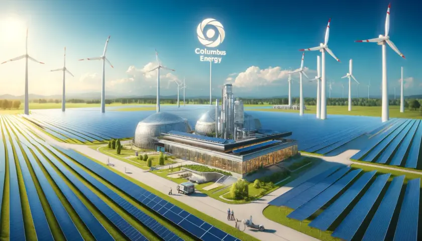 Nowoczesna farma wiatrowa i słoneczna Columbus Energy. Drony i pracownicy nadzorują instalacje.