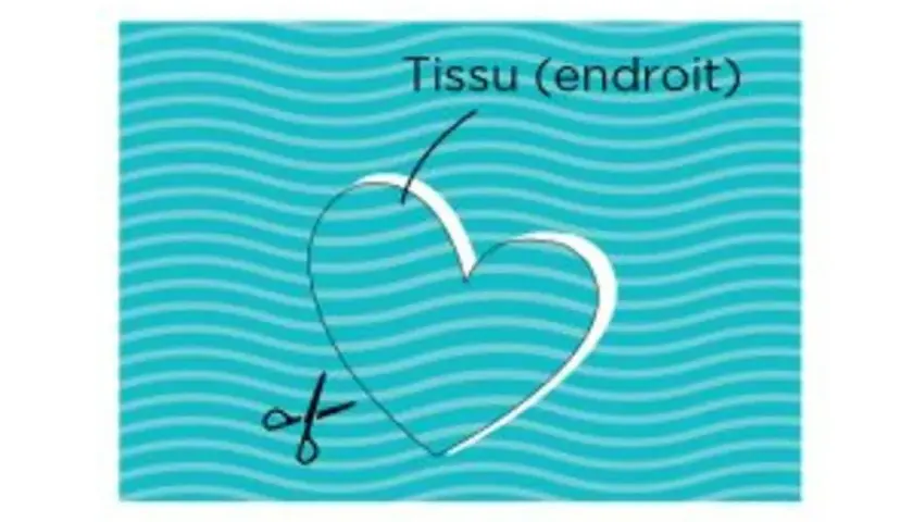 Un cœur dessiné sur un tissu bleu ondulé, prêt à être découpé pour un projet d'applique.