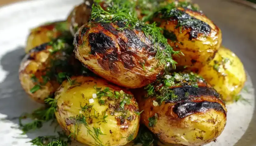 En hög med gyllene, grillade småpotatisar, toppade med färsk dill och en gnutta salt. Perfekt stekt potatis som ser otroligt god ut.
