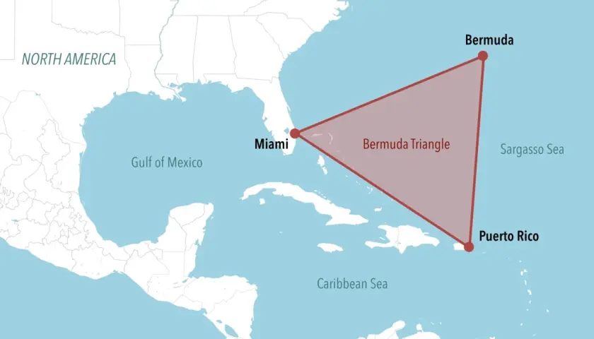 Mapa pokazuje, gdzie znajduje się Trójkąt Bermudzki: między Miami, Bermudami i Portoryko.