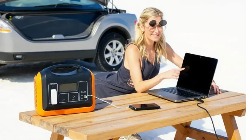 Femme travaillant sur son ordinateur portable, alimenté par un convertisseur 12 volts 220 volts camping car, près d'une voiture.
