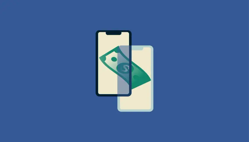 Dwa telefony komórkowe z zielonym banknotem. Czy PayPal jest bezpieczny? Płatności mobilne.