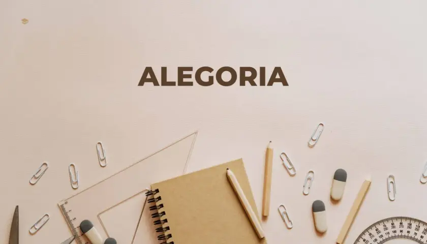 Szkolne przybory, jak ołówek i linijka, tworzą symboliczne tło dla napisu "ALEGORIA", sugerując, że wiedza i nauka to klucz do zrozumienia ukrytych znaczeń.