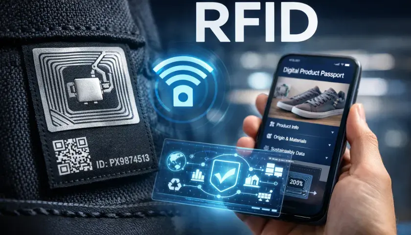 Karta RFID na metce ubrania, smartfon z cyfrowym paszportem produktu. Dowiedz się, karta RFID co to jest i jak działa.