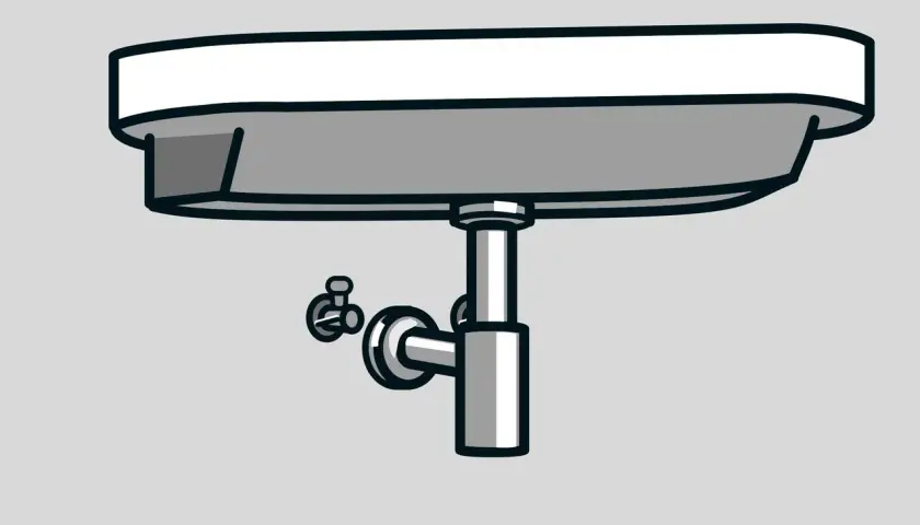 Illustration av hur man monterar handfat med synliga rördelar och en kran.