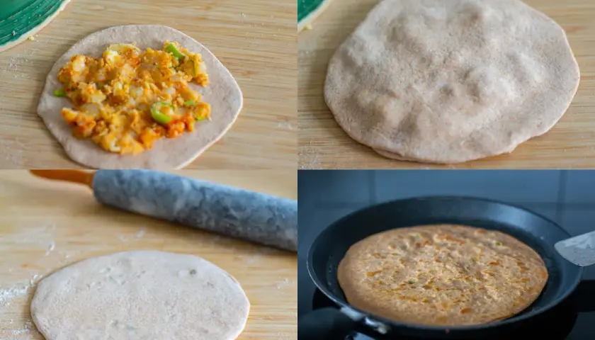 Fyra steg i tillagningen av aloo paratha: fyllning, hopvikning, kavling och stekning i panna.