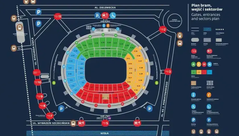 Plan PGE Narodowy: roztanczony tłum znajdzie tu bramy, wejścia i sektory. Kolorowe oznaczenia ułatwiają orientację.