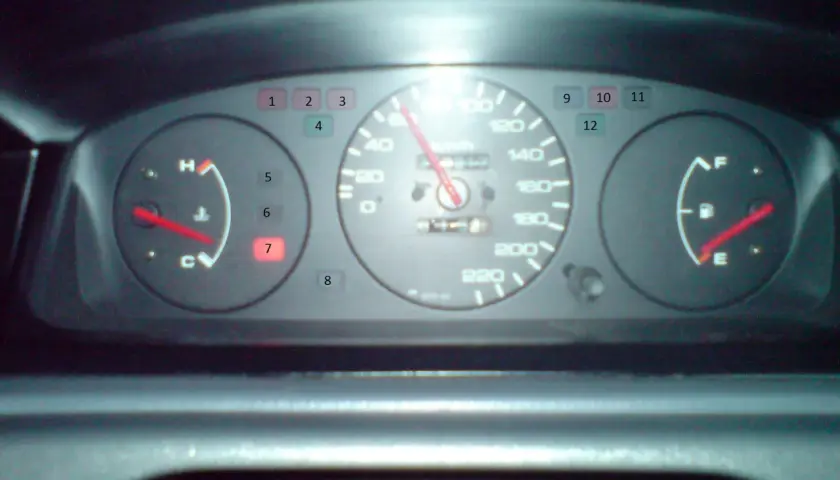 Deszyfrowanie kontrolek Honda Civic: wskaźnik temperatury (H/C), paliwa (F/E), prędkościomierz i inne znaczenie kontrolek.