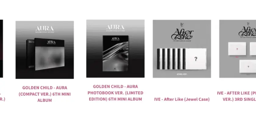 Collection de plusieurs albums de K-pop : KINO, Golden Child, IVE et The Boyz. Chaque music album présente un design unique.