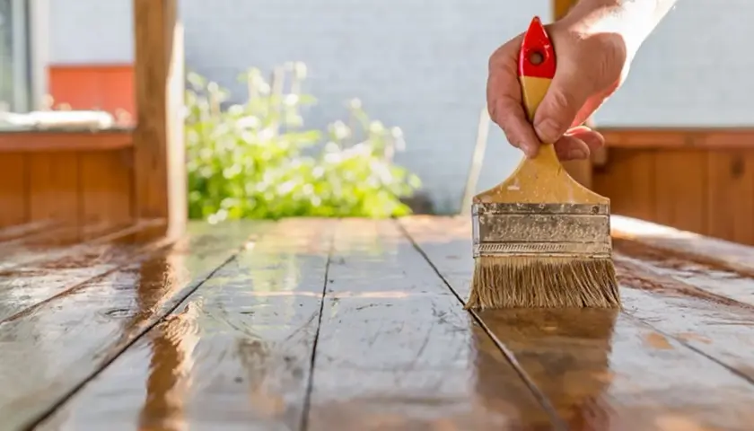 Mano aplicando barniz a una mesa de madera. El proceso de lijar después de barnizar es clave para un acabado perfecto.