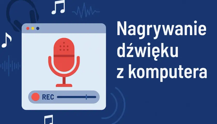 Ilustracja pokazuje interfejs programu do nagrywania dźwięku z komputerem. Ikona mikrofonu i przycisk REC sugerują, jak nagrywać na komputerze.