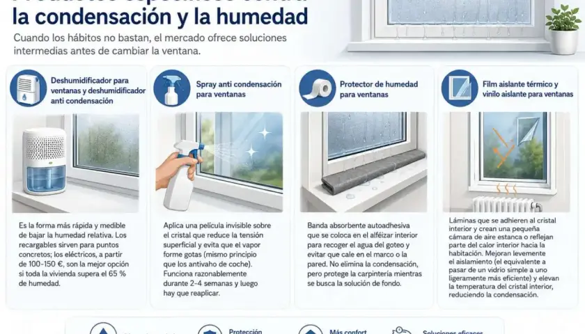 Soluciones para combatir el aire saturado: deshumidificador, spray anti condensación, protector de humedad y film aislante para ventanas.