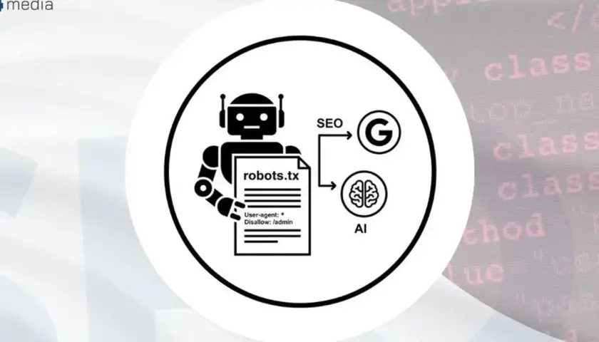 Grafika przedstawia robota trzymającego plik robots.txt, który wpływa na SEO i AI, w tym na Google.