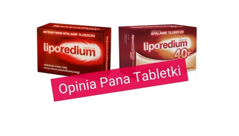 Dwa opakowania Liporedium, suplementu diety na odchudzanie. Na pierwszym planie różowy pasek z napisem "Opinia Pana Tabletki".
