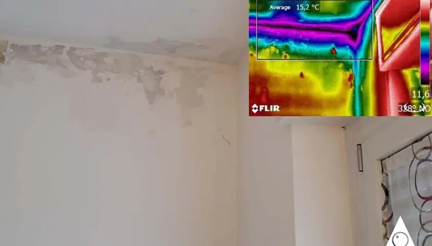 Pannelli per cappotto interno: la termografia rivela ponti termici e umidità su un muro, evidenziando la necessità di un isolamento efficace.