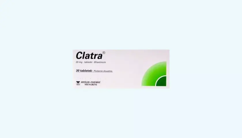 Opakowanie leku Clatra na alergię, zawierające 30 tabletek po 20 mg bilastyny.