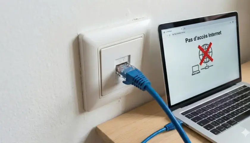 Câble RJ45 branché sur une prise murale, mais l'ordinateur affiche "Pas d'accès Internet". Problème de connexion réseau, peut-être un switch RJ45 sans alimentation.