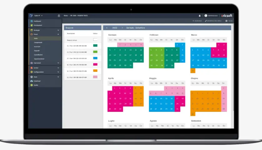 Interfaccia di gestione hotel con calendario e prezzi. La **hotel tech** mostra la pianificazione delle tariffe per ogni mese.