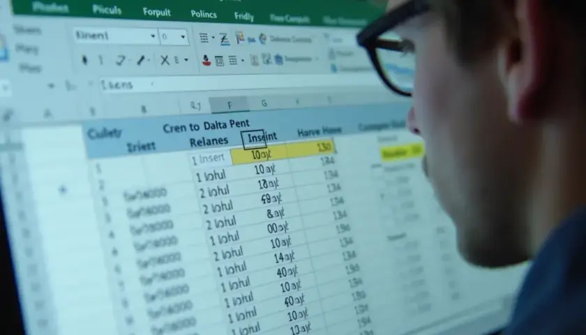 Osoba w okularach patrzy na arkusz kalkulacyjny Excel z danymi i formułami.