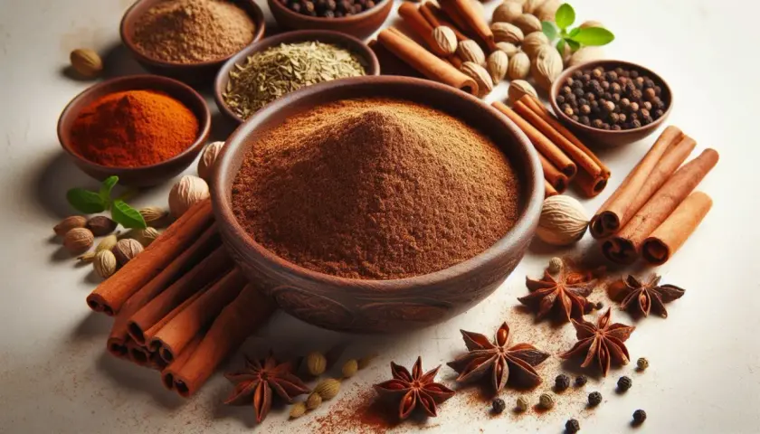 Mieszanka przypraw garam masala w misie, otoczona cynamonem, anyżem, pieprzem i gałką muszkatołową.