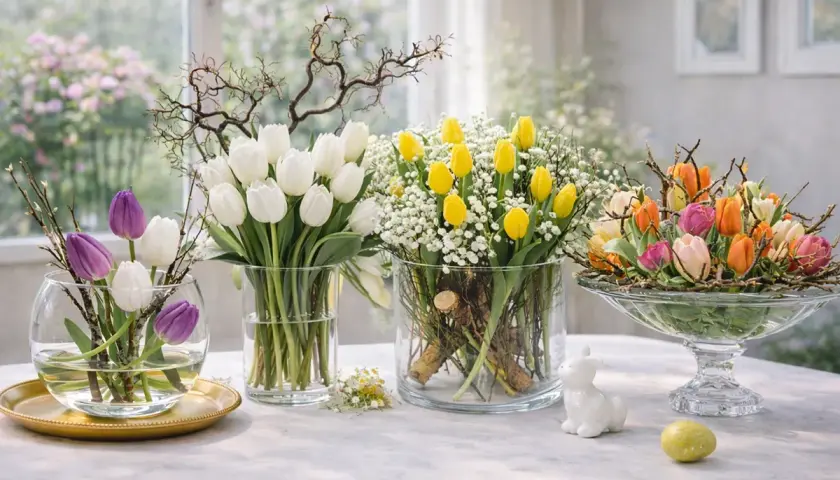 Frische Tulpenarrangements in Weiß, Gelb und bunten Frühlingsfarben. Tolle tulpen deko ideen für Ihr Zuhause.