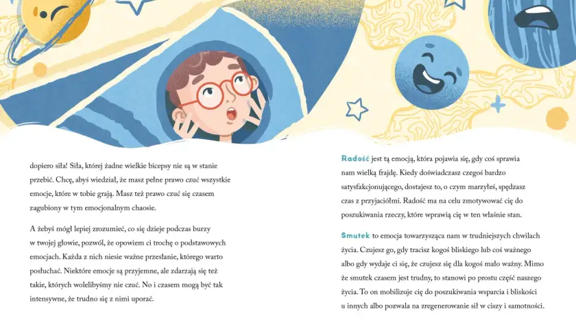 Chłopiec w okularach patrzy na planety z emocjami. Czy to transcendencja co to? Ilustracja o emocjach i ich zrozumieniu.