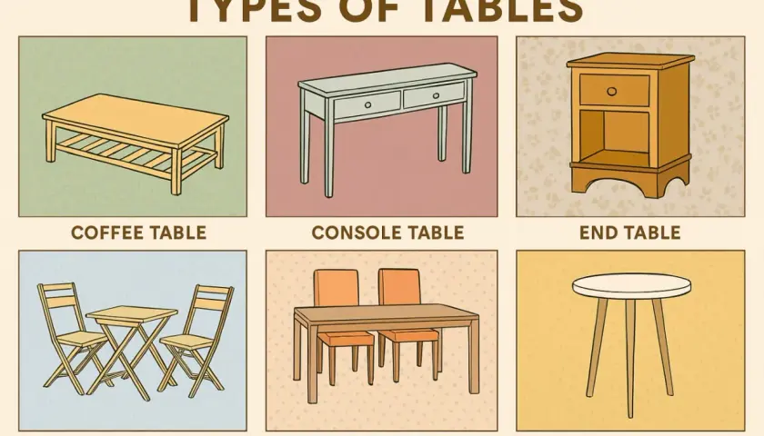 Illustrations of various dining table types and other tables, including coffee, console, end, outdoor, and round tables.