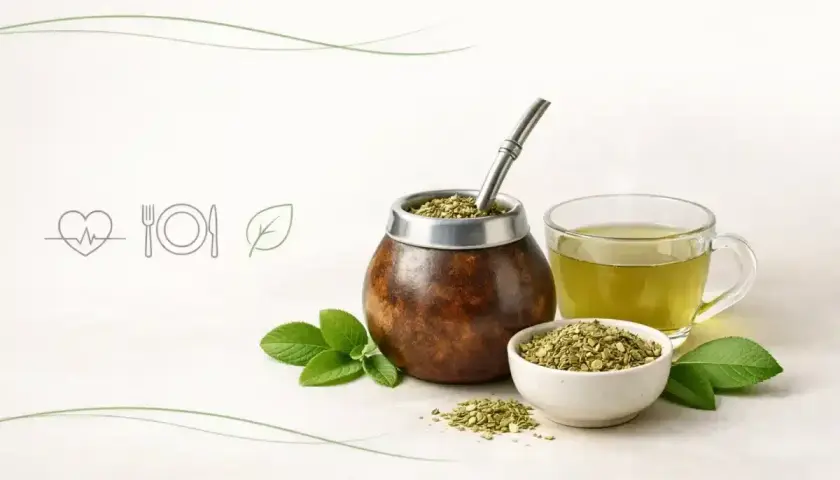Niska zawartość yerba mate kcal. Tradycyjny naczynie z bombillą, filiżanka naparu i miseczka suszu, otoczone listkami mięty.