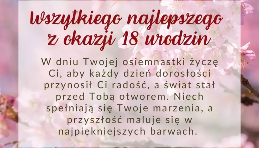 Życzenia na 18 urodziny z podziękowaniami dla rodziców. W tle kwitnące drzewo wiśni.