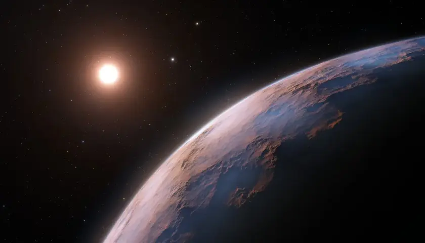 Widok z kosmosu na planetę o skalistej powierzchni, oświetloną przez gwiazdę Proxima Centauri.
