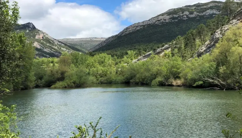Un río serpentea entre montañas verdes y frondosos árboles. El cielo azul con nubes blancas corona el paisaje, invitando a recorrer sus gr 99 etapas.