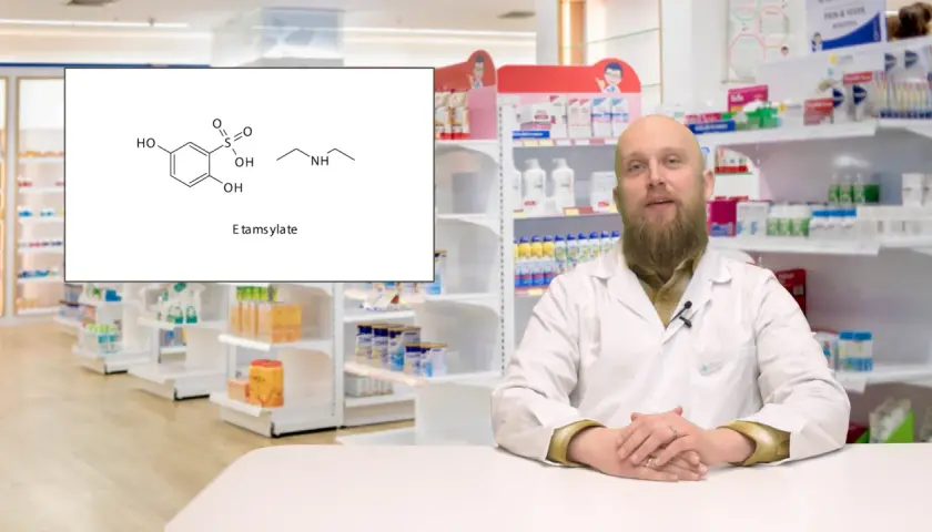 W aptece widać schemat chemiczny etamsylatu, znanego też jako cyklonamina, oraz farmaceutę.